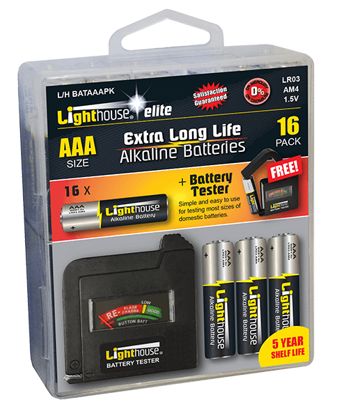 Lighthouse AAA Batteries Bulk Pack of 16 + Tester