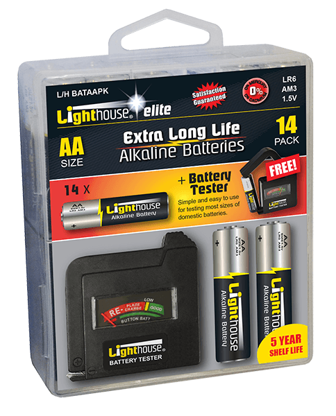 Lighthouse AA Batteries Bulk Pack of 14 + Tester